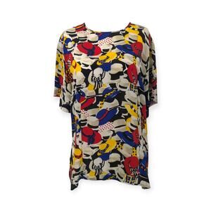 CASUAL CORNER Women's Silk Top L Large primary colors classic Lady Hats print